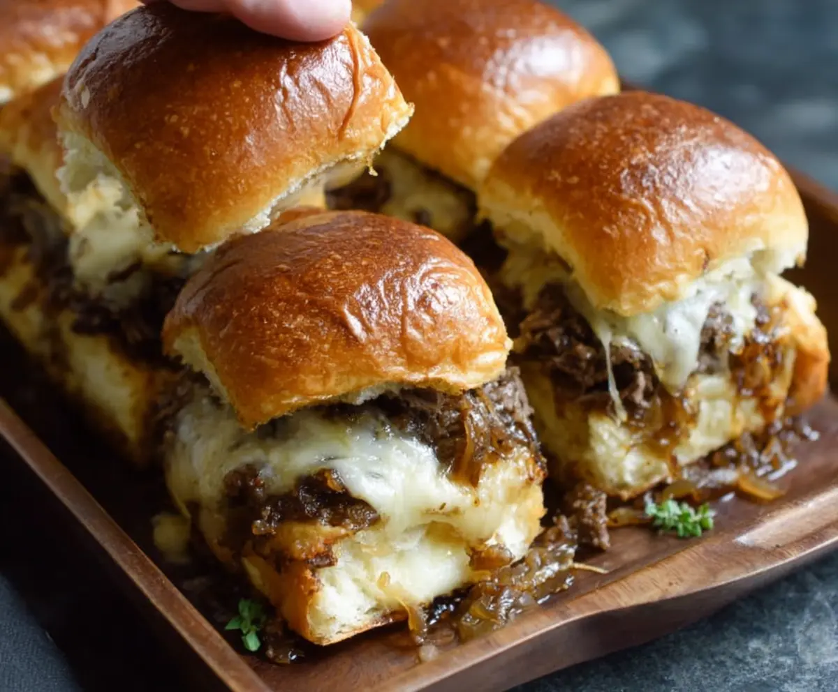 Delicious French Onion Beef Sliders topped with melted cheese on a serving platter.