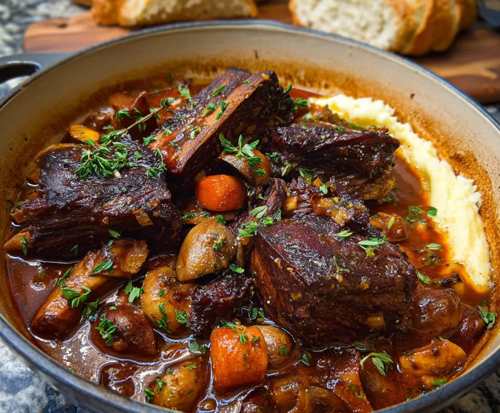 Juicy French-style braised short ribs served with herbs and vegetables on a rustic plate.