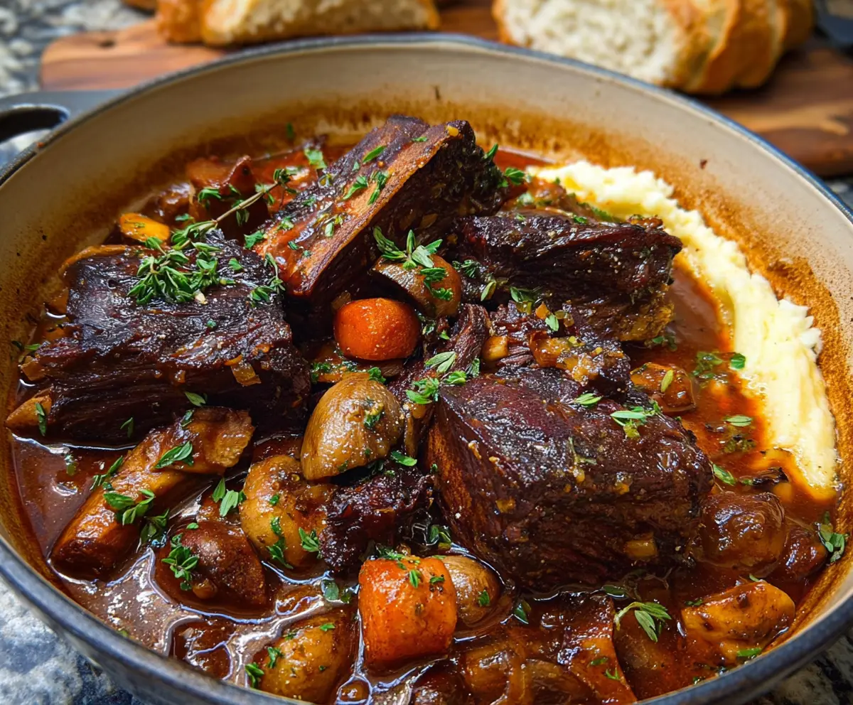 Juicy French-style braised short ribs served with herbs and vegetables on a rustic plate.