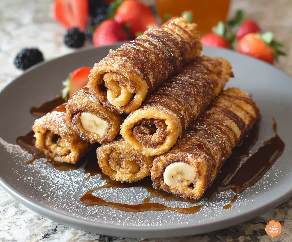 Delicious French Toast Roll Ups filled with sweet cream cheese and topped with cinnamon sugar.