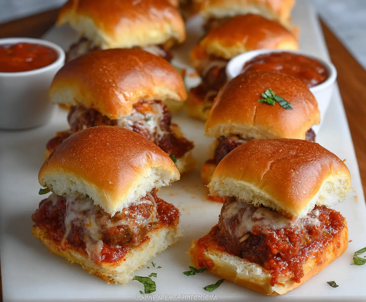 Savory Game Day Meatball Sliders with melted cheese and fresh herbs on a platter