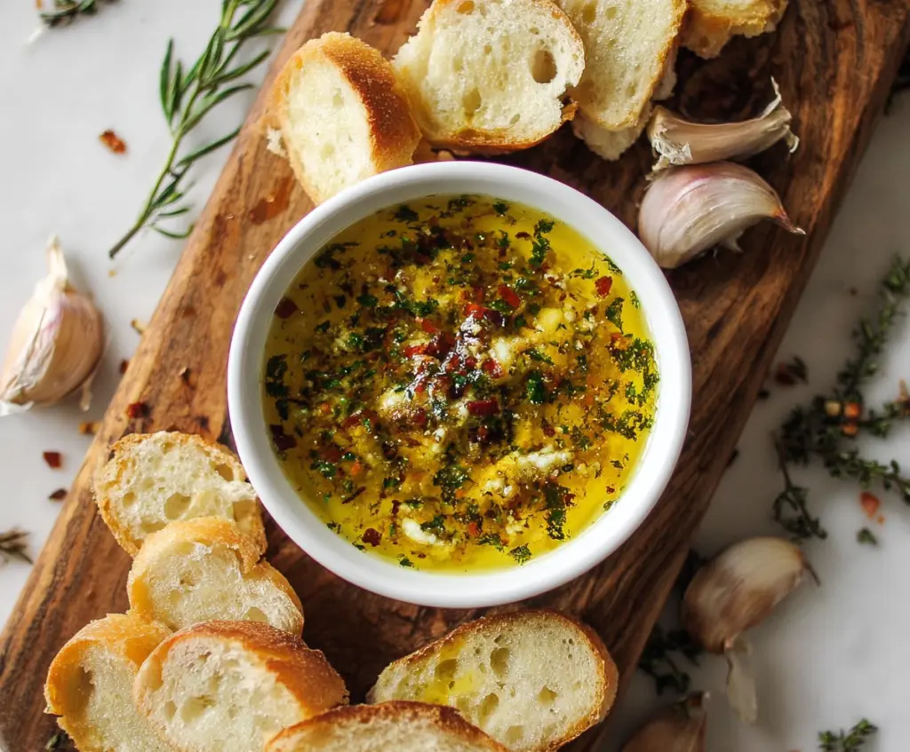 Delicious garlic olive oil dip served with fresh bread slices, perfect for appetizers or snacks.