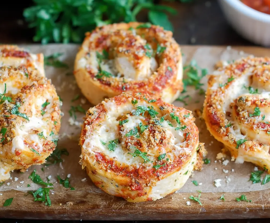 Delicious garlic parmesan chicken pinwheels garnished with fresh herbs on a white plate.