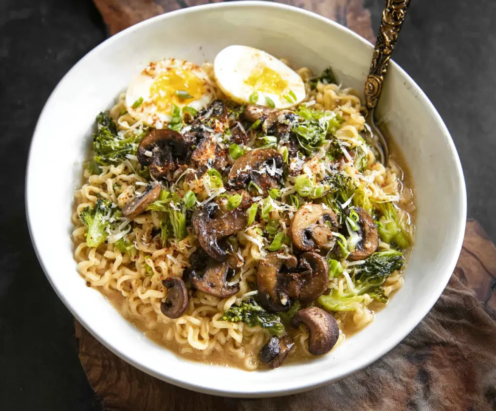 Close-up of a bowl of Garlic Parmesan Ramen with bubbling broth, garlic cloves, and grated Parmesan cheese.