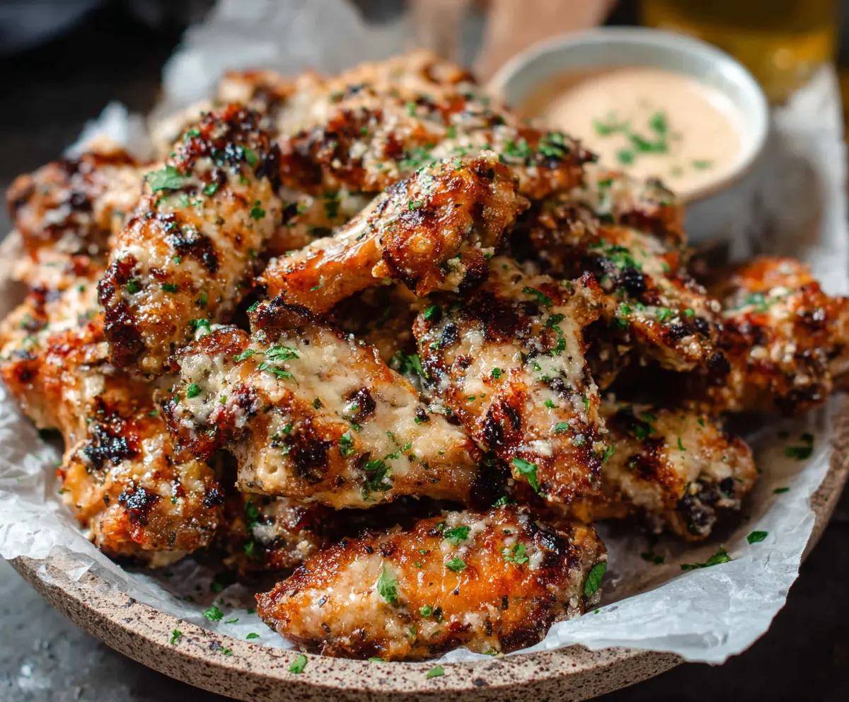 Crispy Garlic Parmesan Wings with golden-brown coating and fresh parsley garnishing.