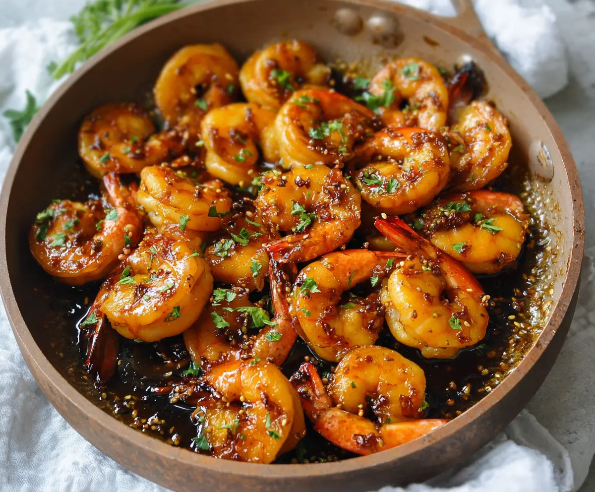 Delicious glazed honey garlic shrimp served on a white plate with fresh herbs