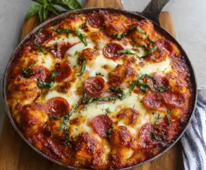 Delicious gnocchi pizza topped with cheese and fresh herbs on a baking tray.