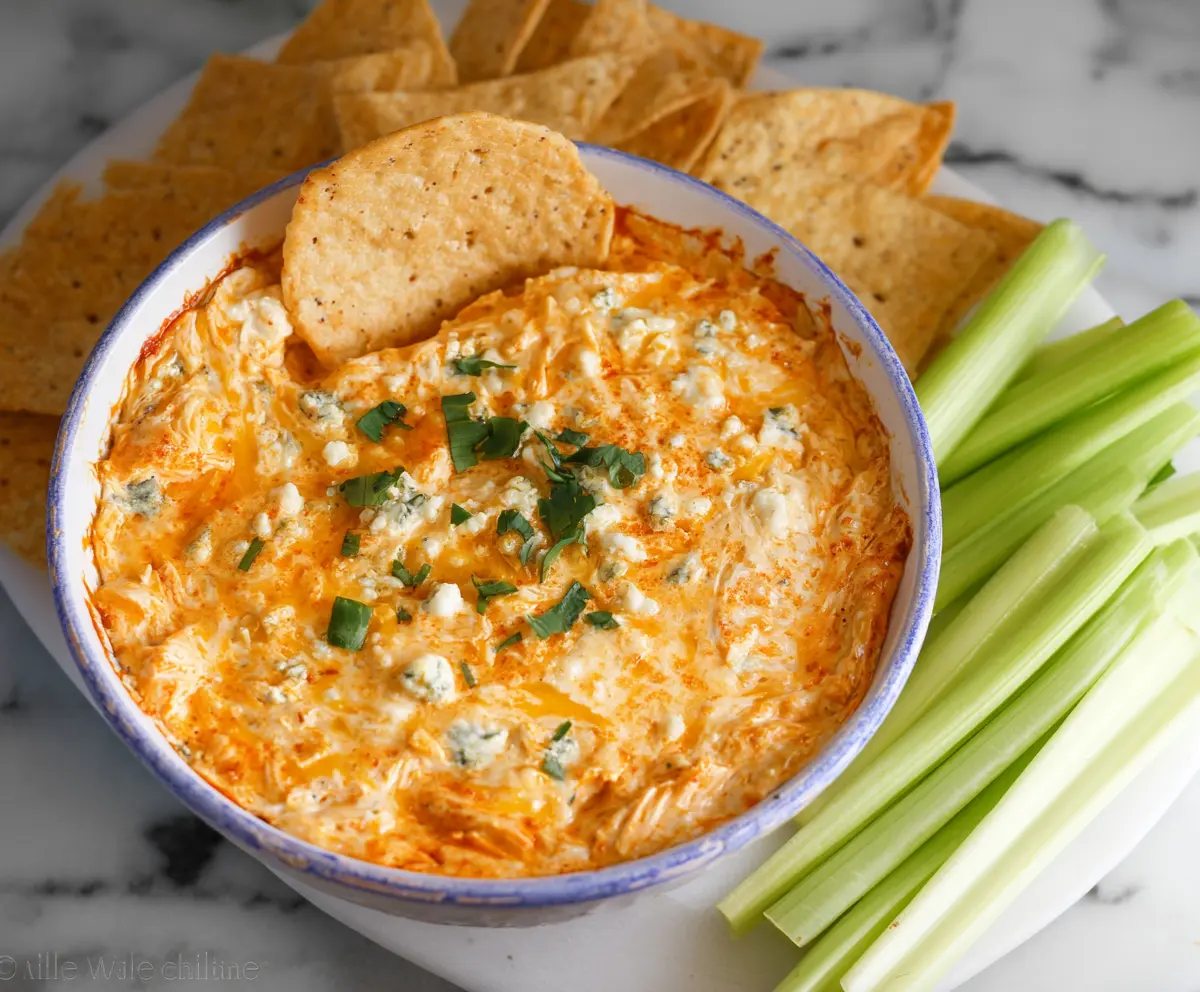 Creamy Greek Yogurt Buffalo Chicken Dip served with celery sticks and tortilla chips.
