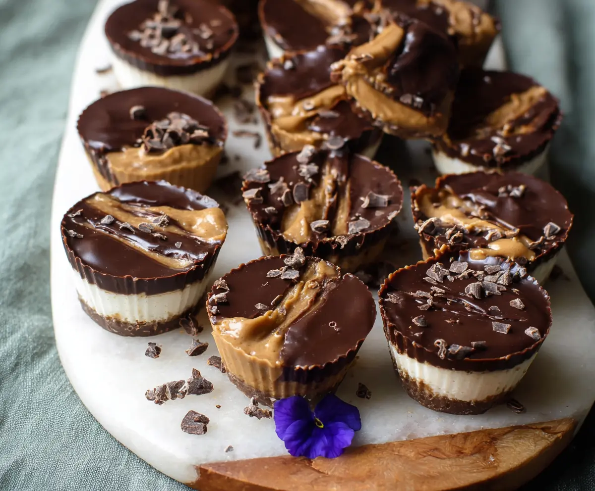 Healthy frozen peanut butter Greek yogurt cups topped with chocolate for a nutritious snack.