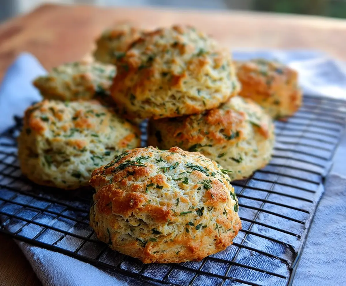 Delicious herbed cottage cheese biscuits on a rustic wooden table, perfect for breakfast or snack.