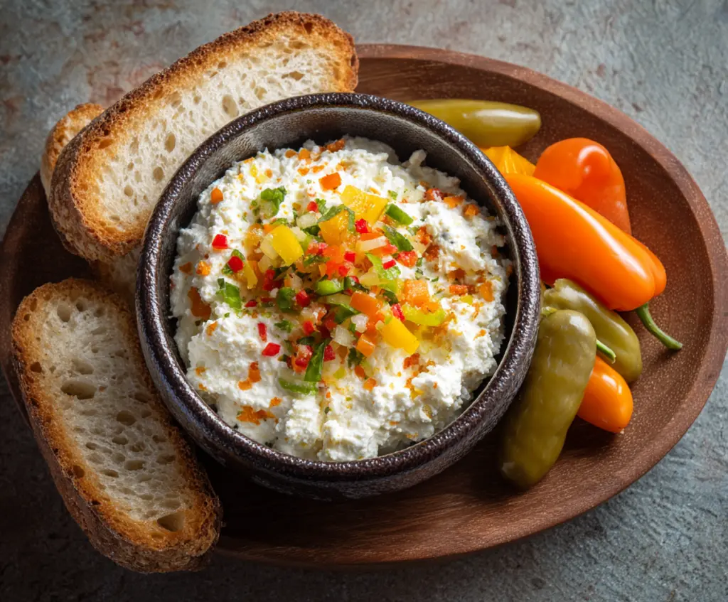High protein cottage cheese giardiniera dip served with fresh vegetables for a healthy snack
