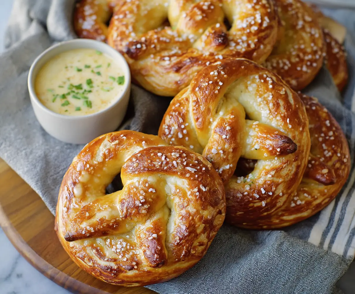 Golden brown homemade pretzels served with creamy queso dip, perfect snack for any occasion.