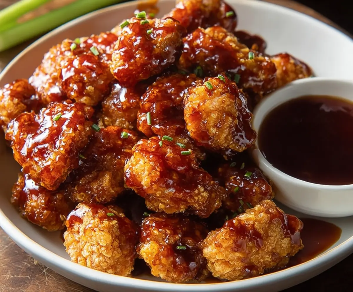 Crispy honey BBQ popcorn chicken served on a platter with garnishes