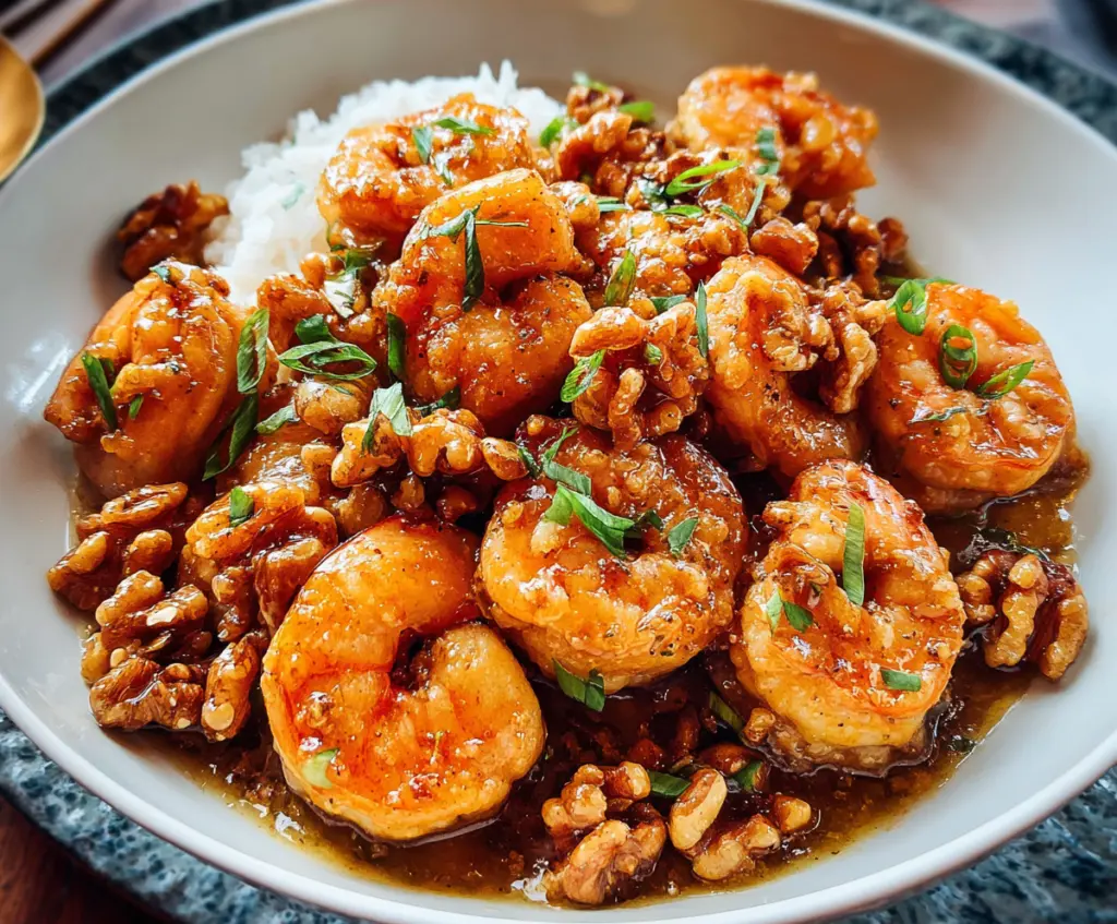 Creamy Honey Walnut Shrimp served on a white plate with a glossy glaze and crispy walnuts, perfect for a delicious seafood dish.