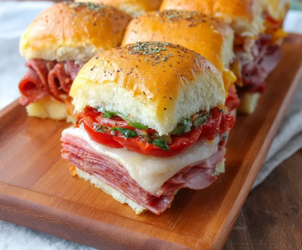 Delicious Hot Italian Sub Sliders with melted cheese and savory Italian meats perfect for parties.