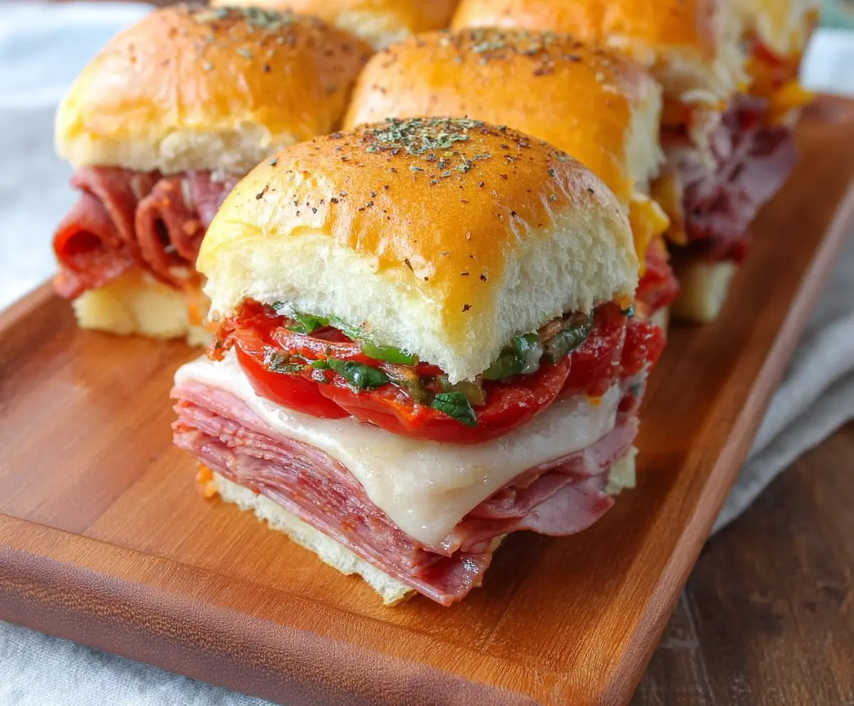 Delicious Hot Italian Sub Sliders with melted cheese and savory Italian meats perfect for parties.