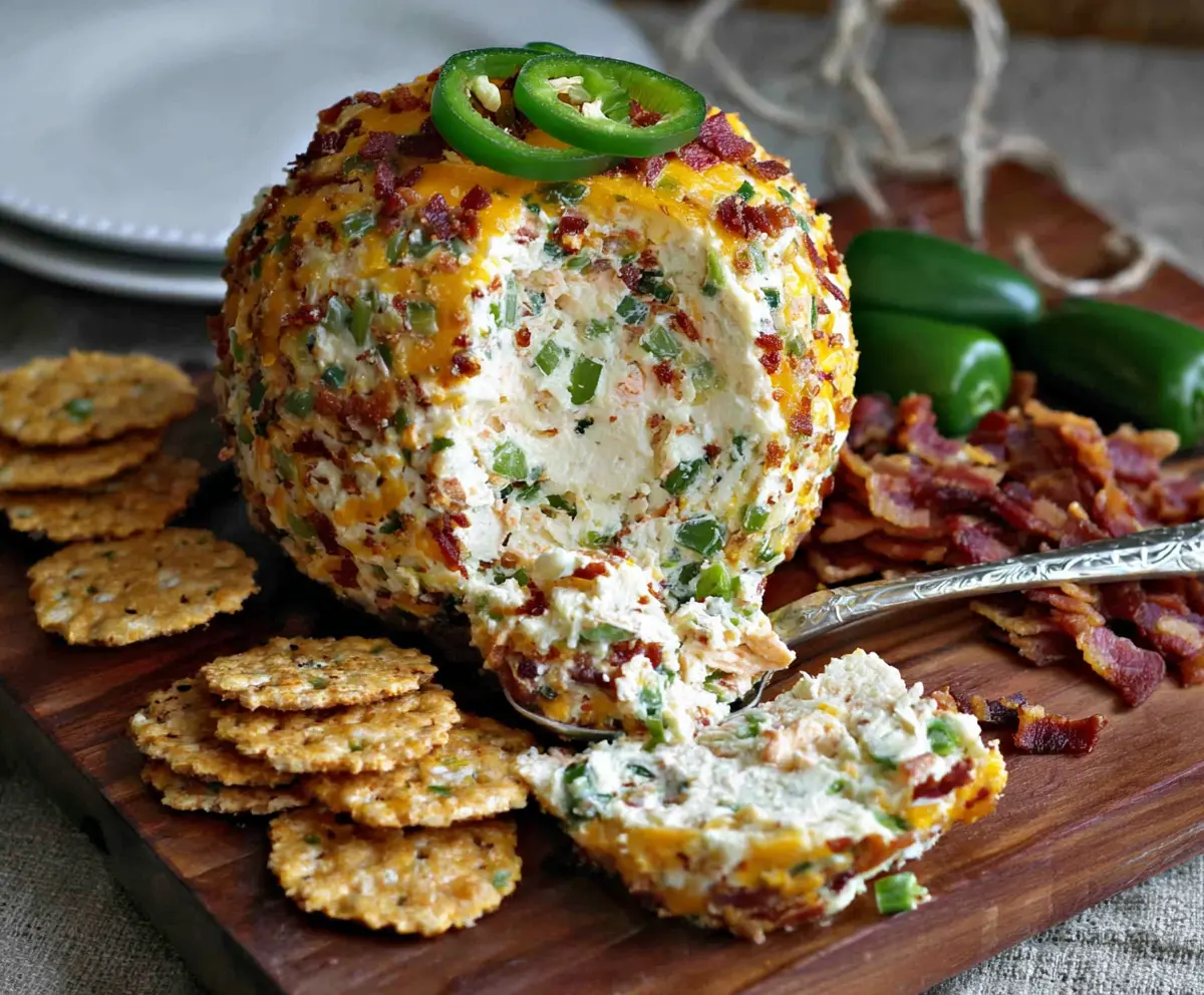 Creamy Jalapeno Popper Cheese Ball garnished with chopped jalapenos and herbs for a spicy appetizer.
