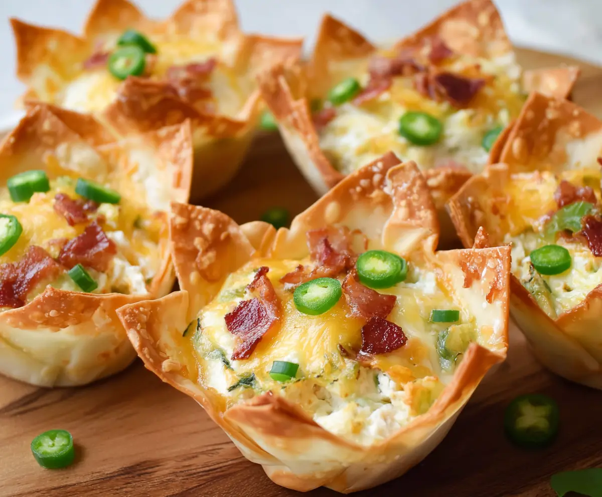 Delicious jalapeño popper wonton cups filled with creamy cheese and spicy jalapeños, perfect for appetizers.