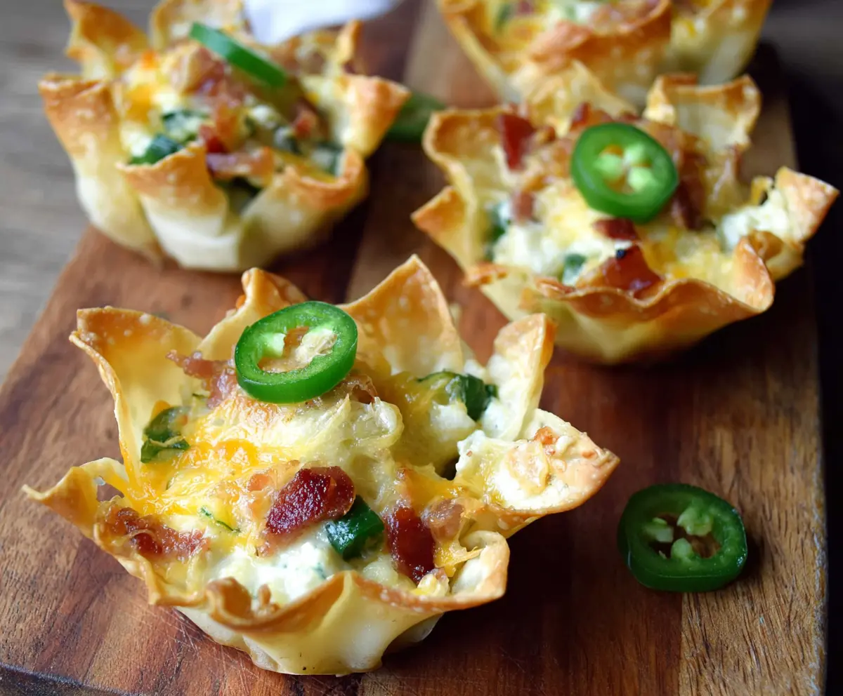 Bite-sized Jalapeno Popper Wonton Cups garnished with melted cheese and fresh jalapenos on a white plate.