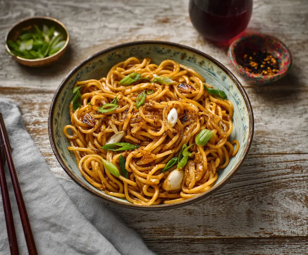 Delicious Japanese garlic fried noodles garnished with green onions on a white plate.