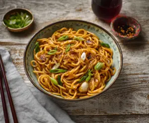 Delicious Japanese garlic fried noodles garnished with green onions on a white plate.