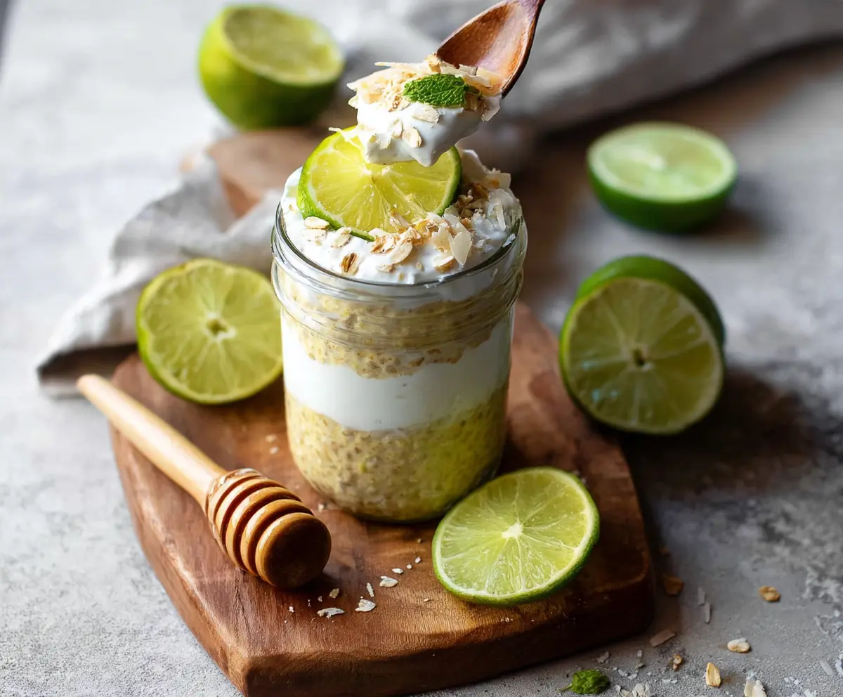 Delicious Key Lime Pie Overnight Oats in a glass jar, topped with lime zest and graham cracker crumbs for a refreshing breakfast.