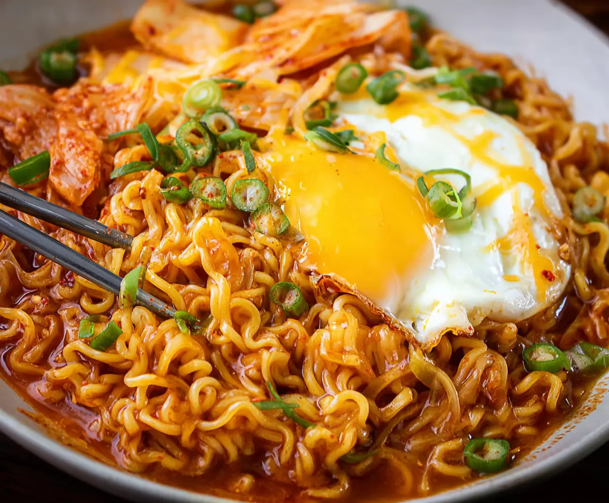 Delicious Kimchi Cheese Ramen with melted cheese and spicy kimchi on steamed noodles.