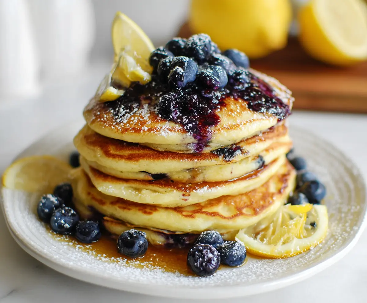 Delicious lemon blueberry pancakes topped with fresh blueberries and lemon zest