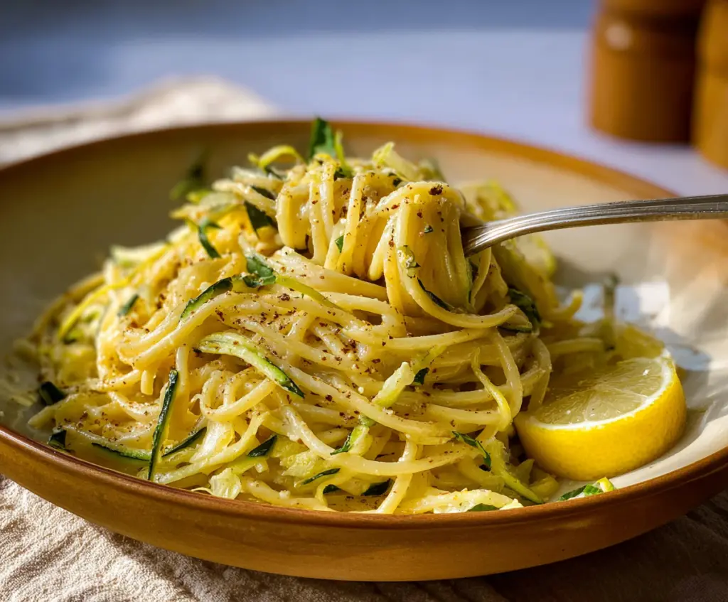 Delicious Lemon Zucchini Pasta garnished with fresh herbs on a white plate.