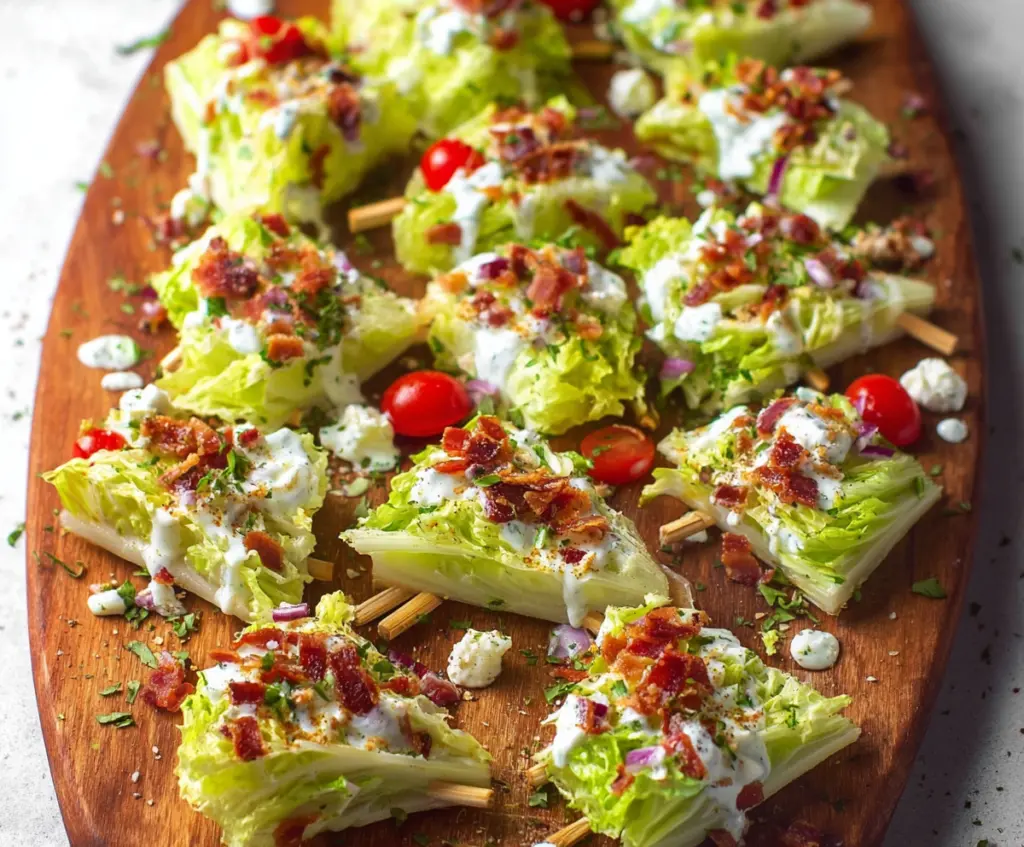 Close-up of fresh lettuce wedge bites topped with creamy dressing and croutons, served as a healthy appetizer.