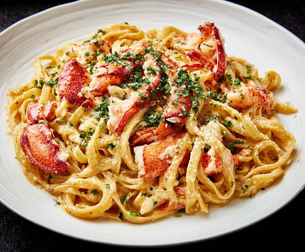 Delicious lobster pasta with fresh seafood and creamy sauce served on a white plate.