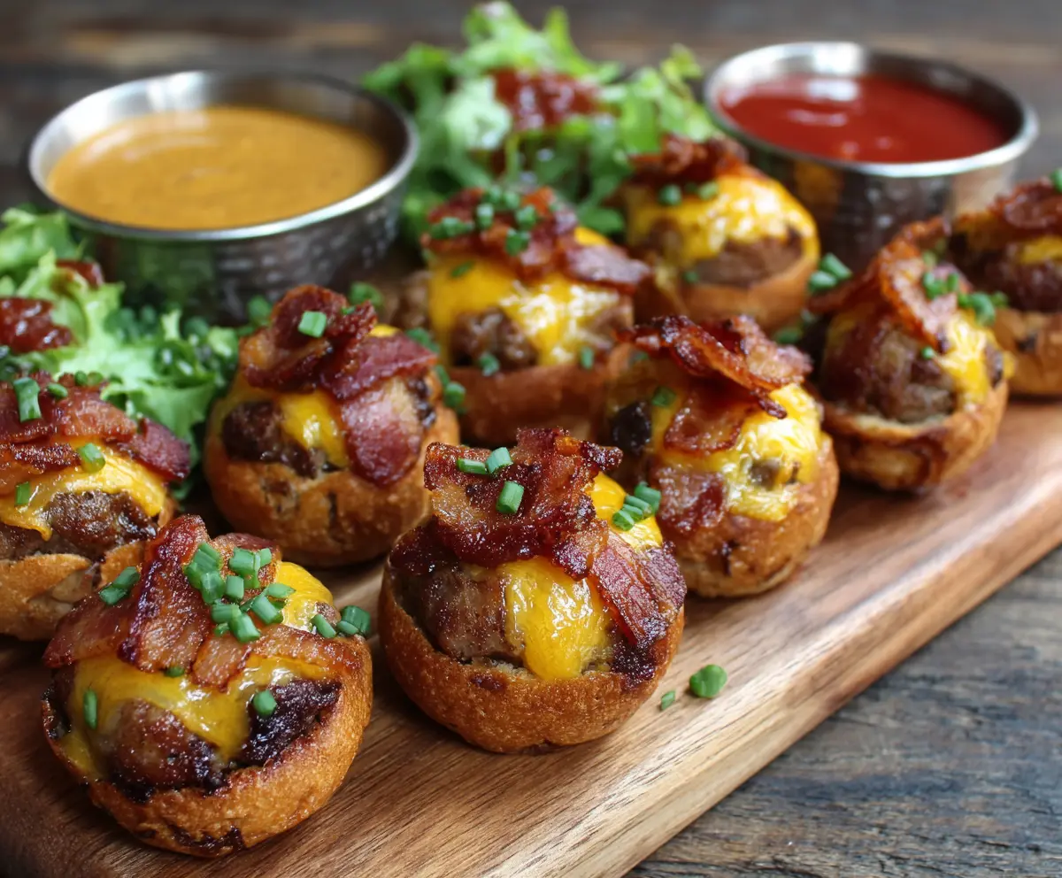 Mini bacon cheeseburger bites with melted cheese and crispy bacon on a serving platter.