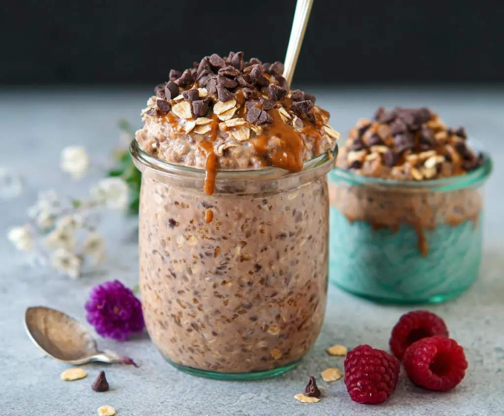 Creamy mocha overnight oats topped with chocolate shavings and a drizzle of espresso for a delicious breakfast.