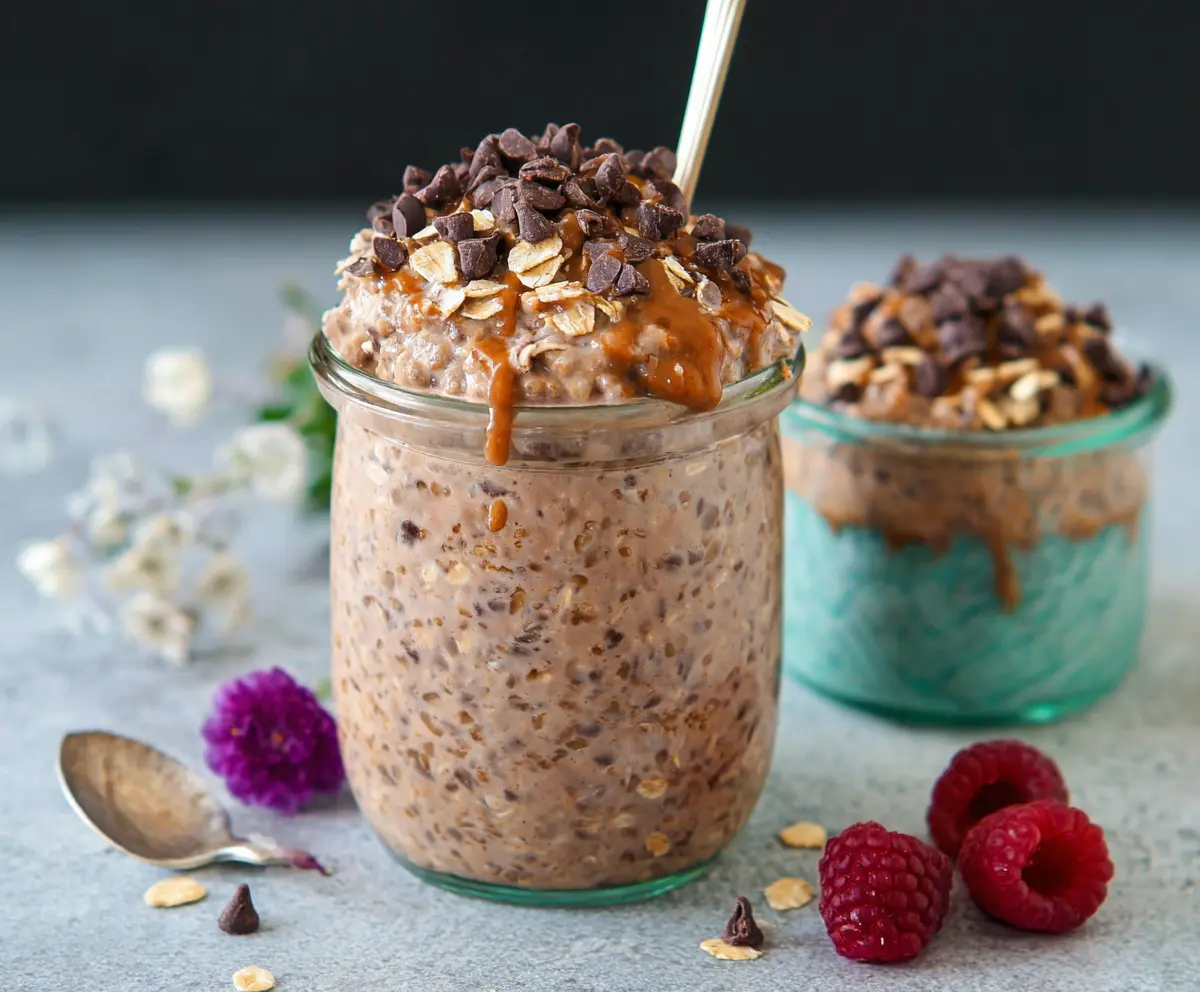 Creamy mocha overnight oats topped with chocolate shavings and a drizzle of espresso for a delicious breakfast.