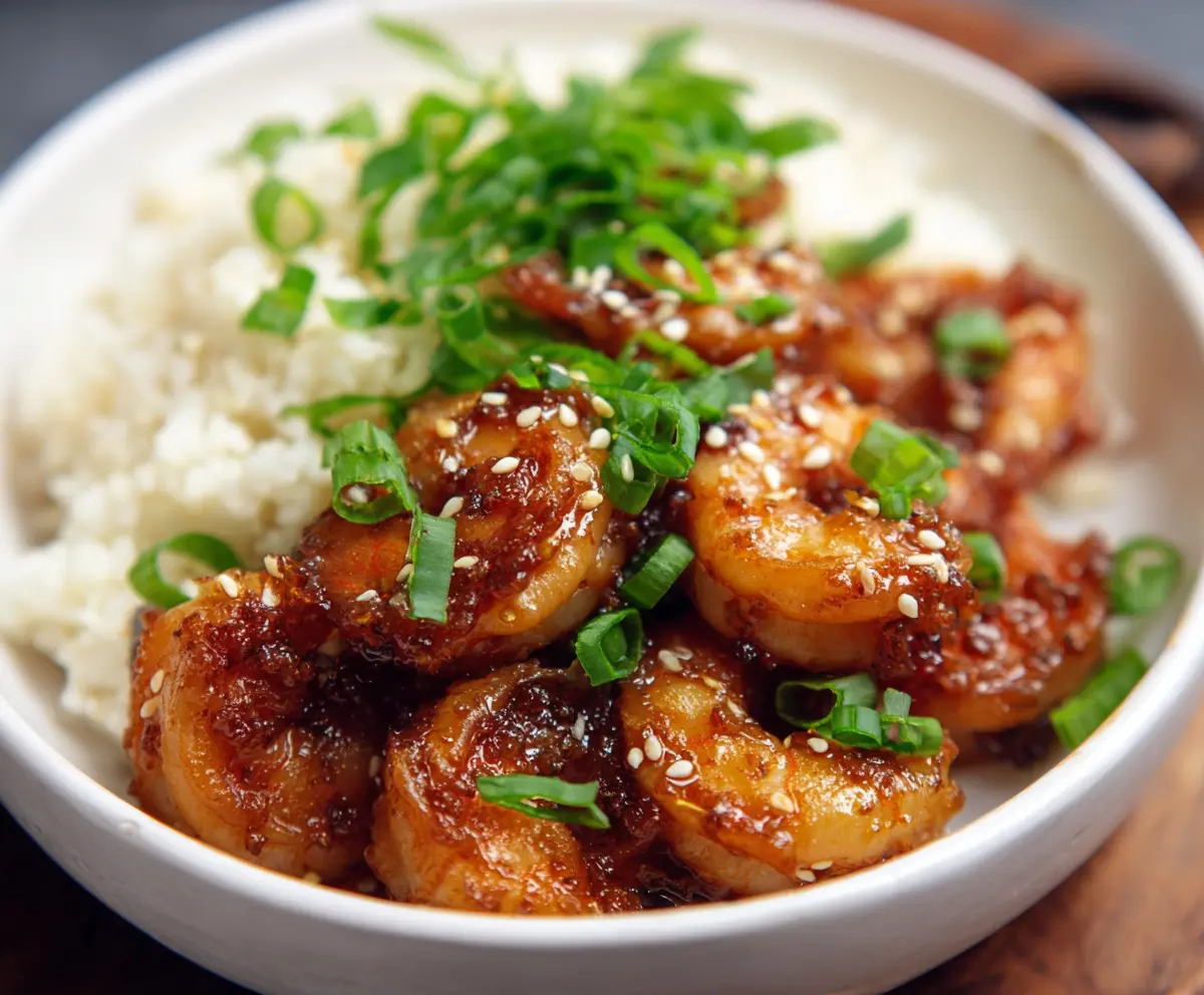Delicious Mongolian Shrimp served with green onions and rice on a stylish plate.