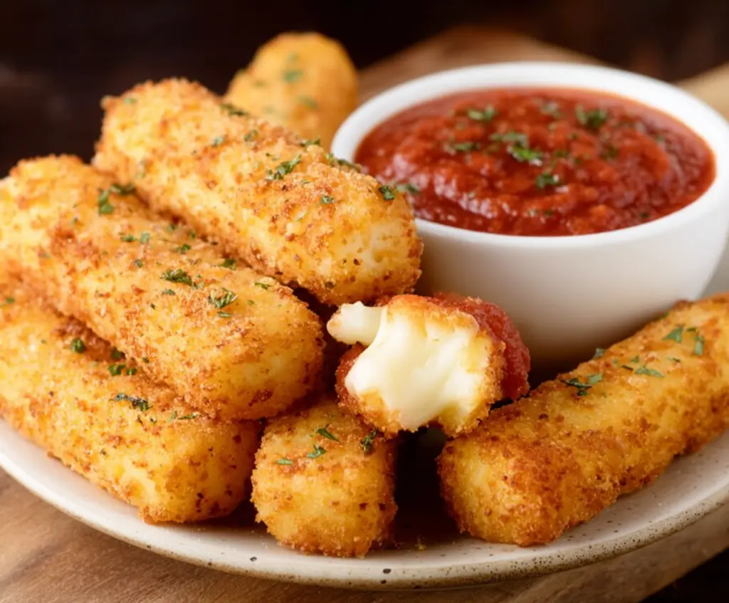 Crispy mozzarella sticks served with marinara sauce on a white plate, perfect for snack or appetizer.