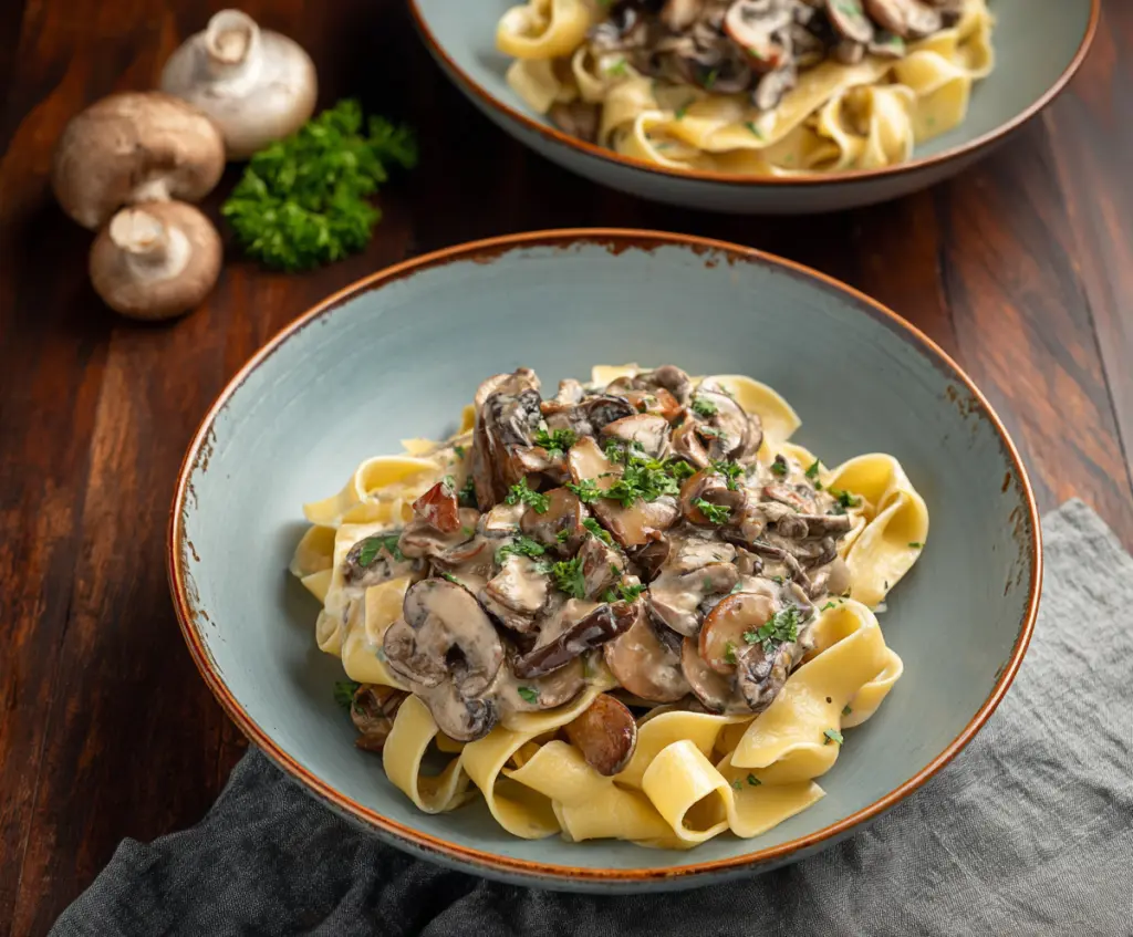 Delicious mushroom pasta with rich sauce and fresh herbs on a plate.