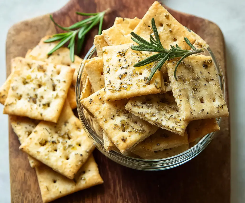 Crunchy homemade sourdough discard crackers drizzled with olive oil on a rustic wooden surface.