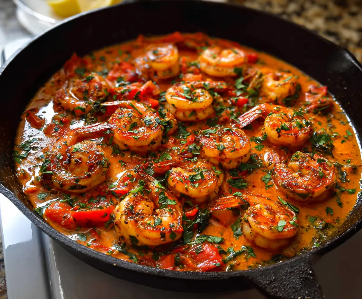 Delicious paprika shrimp skillet served in a rustic bowl with fresh herbs