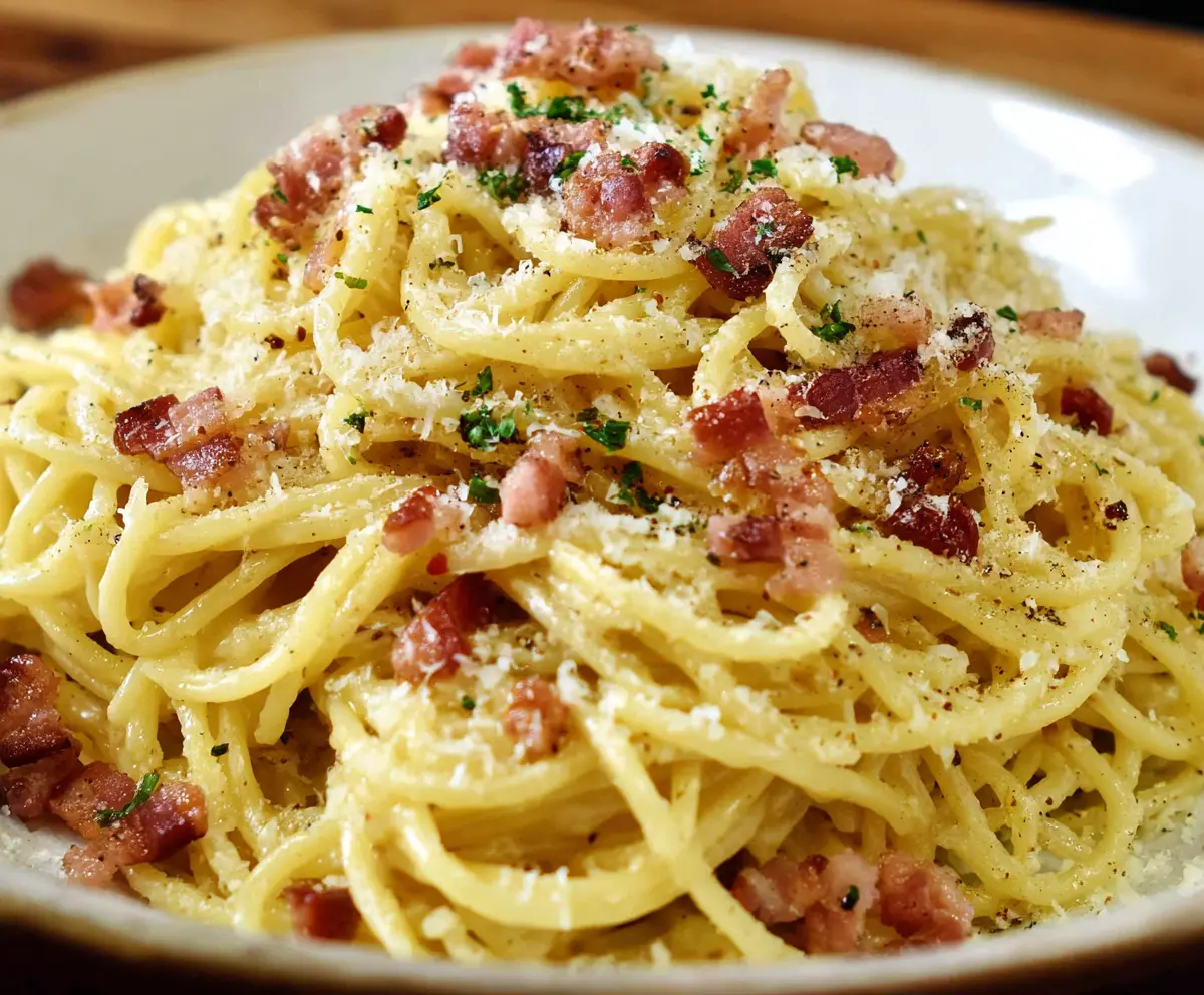 Delicious Pasta Carbonara with crispy pancetta and creamy sauce on a plate.