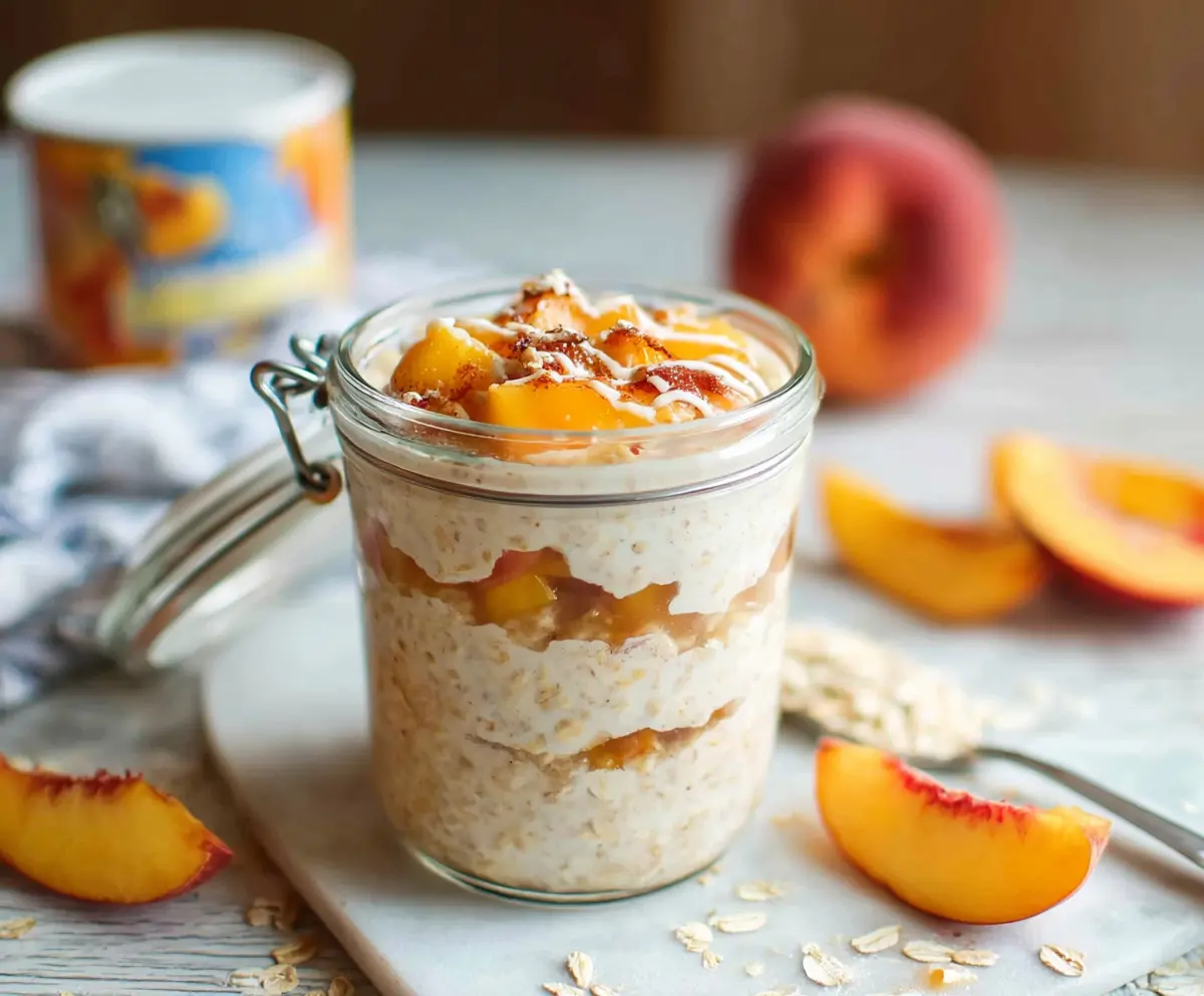 Delicious Peach Cobbler Overnight Oats in a glass bowl with fresh peaches and oats