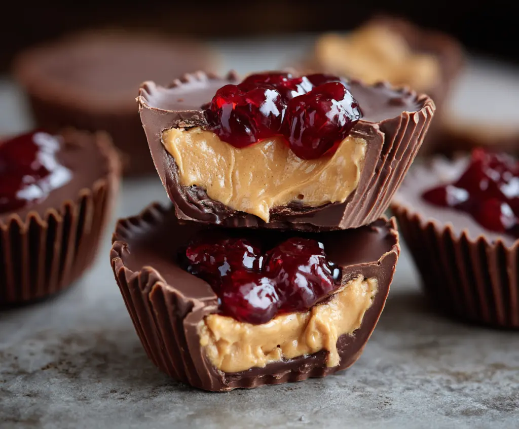 Delicious peanut butter and jelly cups with a glossy topping and colorful jelly filling