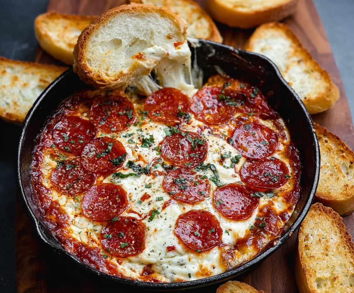 Delicious Pepperoni and Cream Cheese Pizza Dip served with crispy breadsticks.