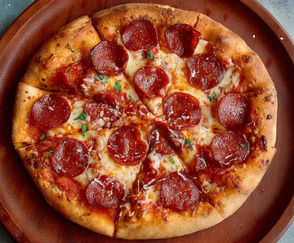 Delicious homemade pepperoni pizza topped with melted cheese and spicy pepperoni slices.