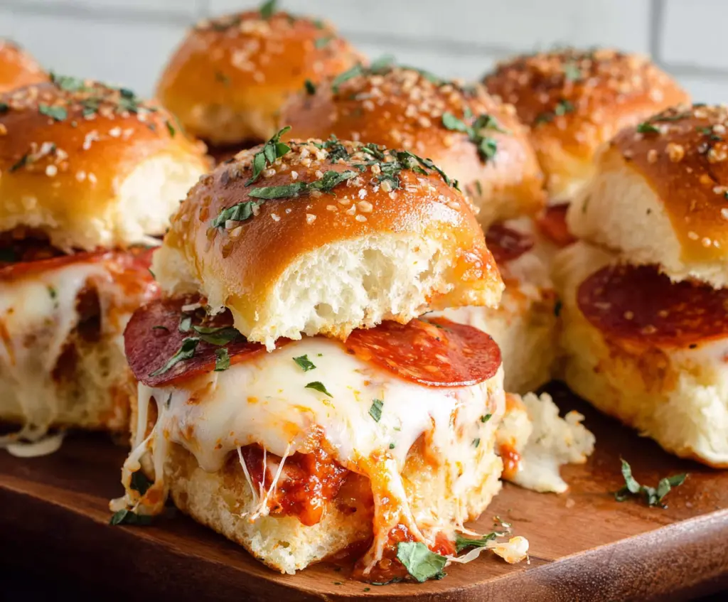 Delicious pepperoni pizza sliders with crispy crust and melted cheese on a plate.
