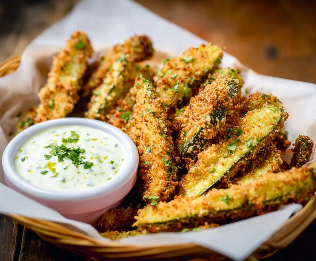 Crispy pickle fries coated in seasoned batter served with dipping sauce