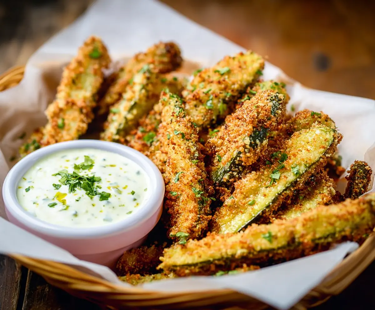 Crispy pickle fries coated in seasoned batter served with dipping sauce