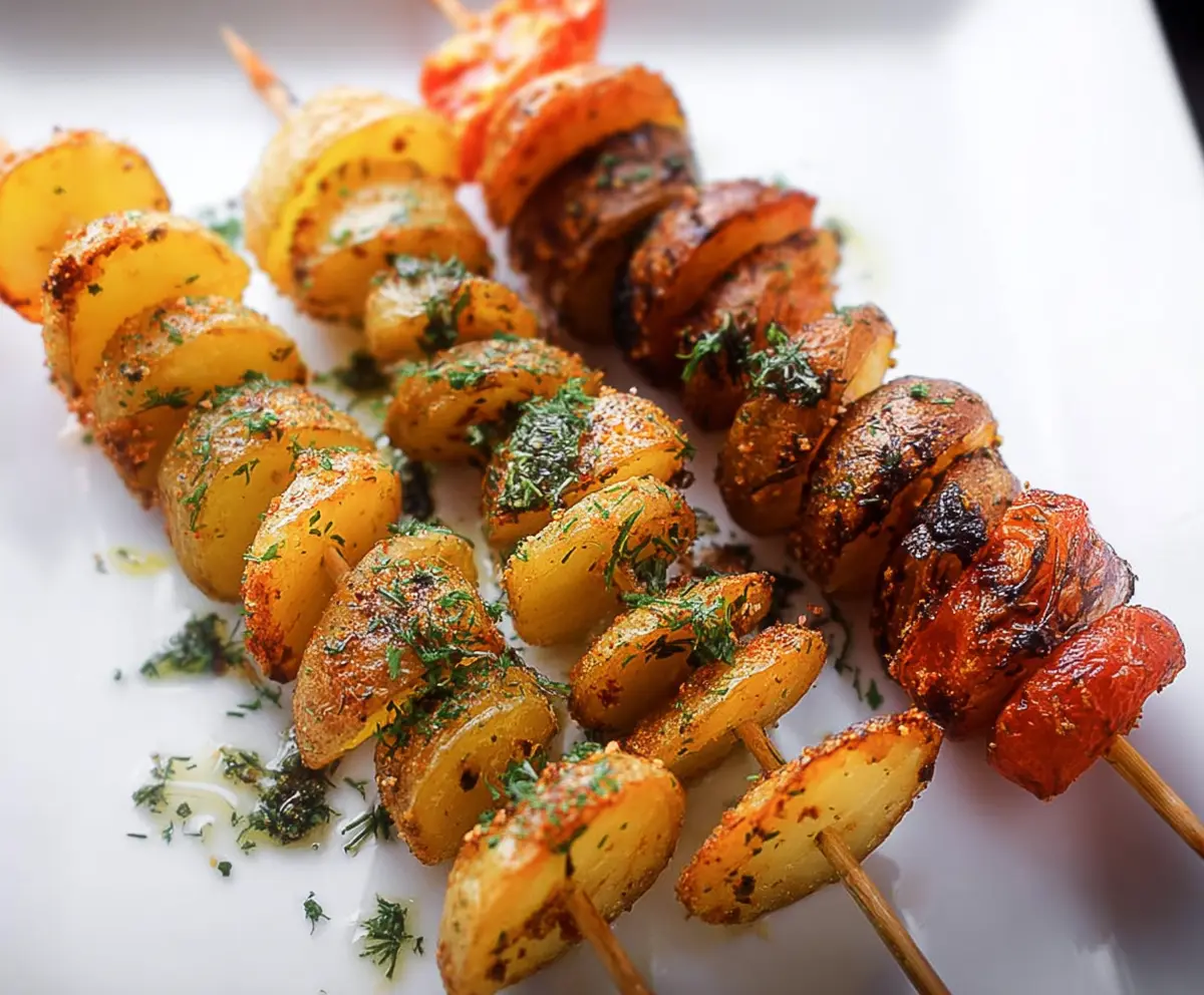 Delicious potato skewers grilled to perfection on a barbecue.