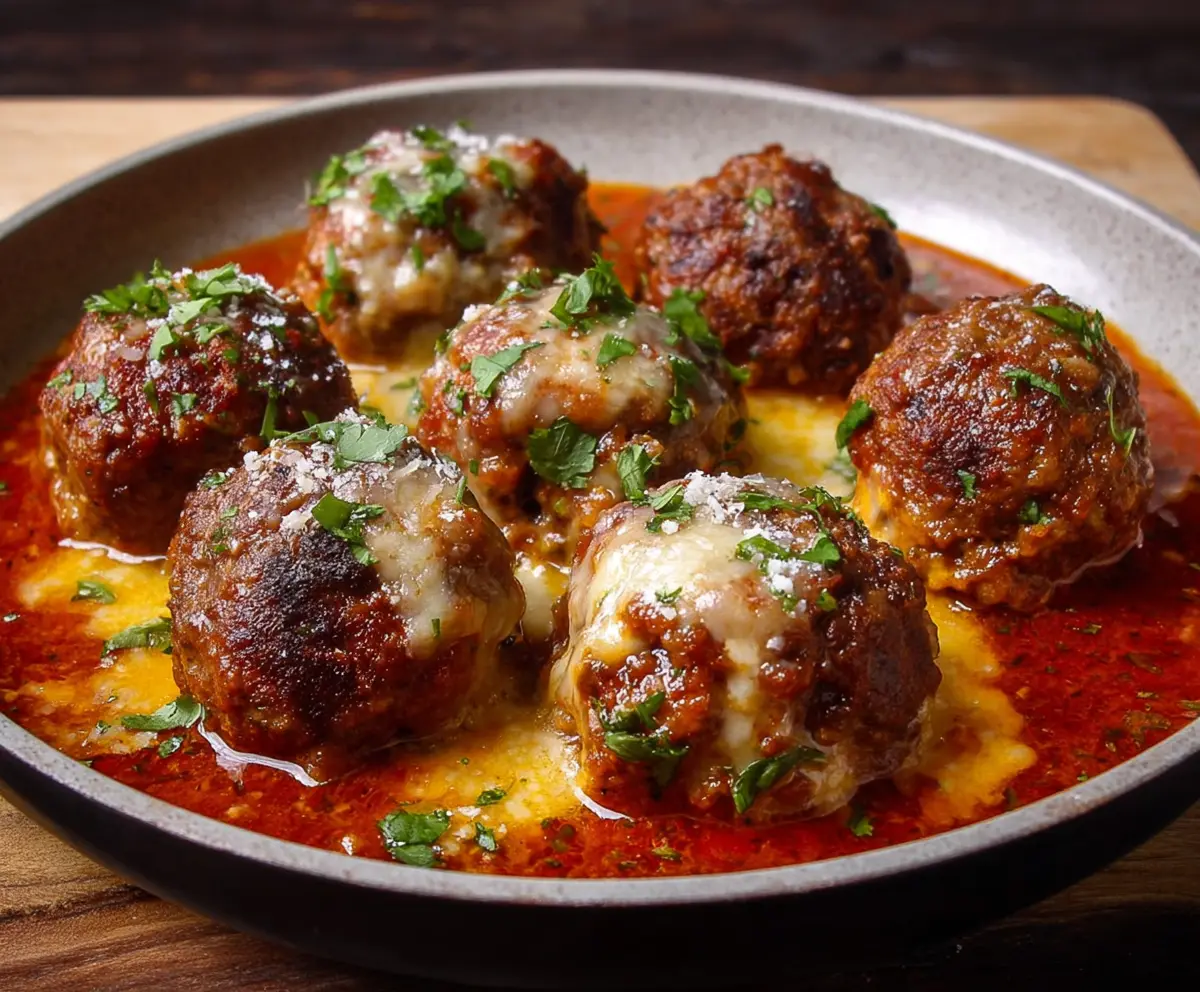 Delicious cheese-stuffed meatballs on a plate with melted cheese topping