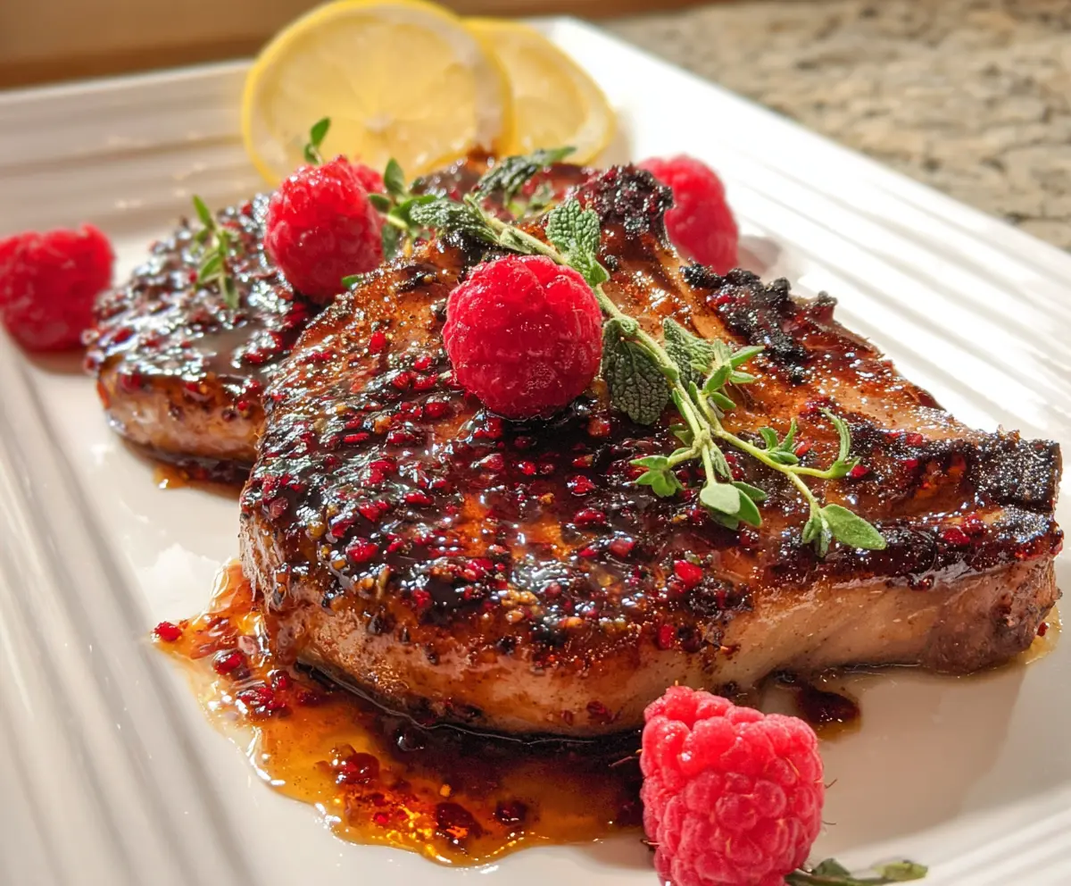 Juicy pork chops glazed with a vibrant raspberry sauce on a white plate.